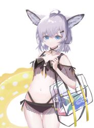  ahoge animal_ear_fluff animal_ears arknights bag bare_shoulders bikini black_bikini blue_eyes breasts collarbone commentary_request female fox_ears grey_hair hair_between_eyes hair_ornament hairclip hand_up highres holding_strap innertube navel official_alternate_costume see-through simple_background small_breasts solo stomach sussurro_(arknights) sussurro_(summer_flower)_(arknights) swim_ring swimsuit toki_(yoyobozi) transparent white_background x_hair_ornament 