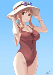  blue_background blush breasts brown_eyes brown_hair check_commentary cleavage commentary_request earrings eyebrows female hat highres jewelry long_hair looking_at_viewer matsumoto_yoriko one-piece_swimsuit ponytail simple_background solo sun_hat sunglasses swimsuit umiroku yuyushiki 