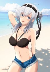  beach bikini black_bikini black_headband blue_eyes blue_sky blush breasts chuchu_tako cowboy_shot day female grey_eyes grey_hair hair_between_eyes headband highres horizon kantai_collection long_hair looking_at_viewer medium_breasts navel ocean one_side_up outdoors sand short_shorts shorts sky smile solo suzutsuki_(kancolle) swimsuit water 