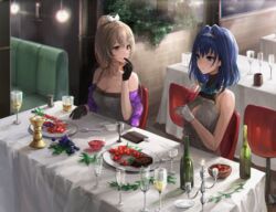  2girls absurdres alternate_costume berry black_gloves blue_hair bottle brown_hair candlestand chair chan1moon cup dinner drinking_glass english_commentary food food_on_face fruit gloves grapes highres hololive hololive_english medium_hair multiple_girls nanashi_mumei ouro_kronii sitting smile table tablecloth utensil virtual_youtuber white_gloves wine_glass 