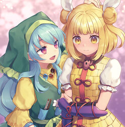  2girls apron armor armored_dress blonde_hair blue_hair commission double_bun flower hair_bun hair_ribbon hand_on_another&#039;s_head haniwa_(statue) haniyasushin_keiki head_scarf jewelry joutouguu_mayumi magatama magatama_necklace multiple_girls necklace open_mouth pink_background pocket red_eyes ribbon sash short_sleeves skeb_commission tomobe_kinuko touhou upper_body vambraces white_ribbon wood_carving_tool yellow_eyes 