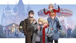  6+boys 6+girls :d aether_(genshin_impact) ahoge albedo_(genshin_impact) andrius_(genshin_impact) antenna_hair backpack bag bennett_(genshin_impact) black_bow black_gloves black_headwear black_necktie blonde_hair blue_coat blue_eyes blue_hair border bow brother_and_sister brothers brown_hair brown_scarf buttons carousel carrying character_doll christmas_tree church church_of_the_savior_on_blood coat commentary contemporary diluc_(genshin_impact) english_commentary extra_minta feather_hair_ornament feathers fischl_(genshin_impact) flower fur_hat genshin_impact gloves green_hair guoba_(genshin_impact) hair_flower hair_ornament hairbow handbag happy_holidays hat highres jean_(genshin_impact) klee_(genshin_impact) lumine_(genshin_impact) multiple_boys multiple_girls necktie ningguang_(genshin_impact) open_mouth orange_hair outdoors outside_border ponytail qiqi_(genshin_impact) real_world_location red_hair red_scarf ruin_guard_(genshin_impact) russia saint_petersburg scarf shirt shoulder_carry siblings smile snow sucrose_(genshin_impact) sweater tartaglia_(genshin_impact) teucer_(genshin_impact) twins ushanka venti_(genshin_impact) white_border white_shirt white_sweater winter xiangling_(genshin_impact) yellow_eyes zhongli_(genshin_impact) 