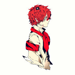  1boy 3kuma armband ascot bandaid bandaid_on_face bandaid_on_nose coat colored_skin cropped_torso expressionless flag from_side fukase headset male_focus official_art profile red_ascot red_eyes red_hair scar scar_on_face upper_body vocaloid white_background white_coat white_skin 