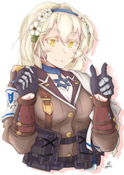  black_gloves blonde_hair blush breasts cape choker commentary cropped_torso eyebrows female flower girls&#039;_frontline gloves grin hair_between_eyes hair_flower hair_ornament hairband hands_up hexagram highres holding long_hair looking_at_viewer mmmn540d88 sidelocks simple_background smile solo star_of_david upper_body white_background x95_(girls&#039;_frontline) yellow_eyes 