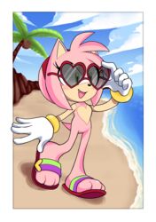  amy_rose beach casual_nudity clothing eulipotyphlan exposed_feet eyewear featureless_chest featureless_crotch female footwear gloves handwear heart_symbol hearttheglaceon hedgehog hi_res mammal mostly_nude natural_alt outside sandals seaside sega solo sonic_the_hedgehog_(series) sunglasses 