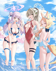  3girls alternate_costume alternate_hair_length alternate_hairstyle angel_wings ass ball beachball bikini blonde_hair blue_archive blue_sky breasts bright_pupils casual_one-piece_swimsuit chaciooh cleavage cloud collarbone covered_navel criss-cross_halter english_commentary feathered_wings flower flower_wreath forehead frilled_bikini frills gradient_eyes hair_bun hair_flower hair_ornament hair_scrunchie halo halterneck highres holding holding_ball holding_beachball large_breasts long_hair low_twintails medium_breasts mika_(blue_archive) multicolored_eyes multiple_girls nagisa_(blue_archive) navel ocean one-piece_swimsuit open_mouth orange_eyes parted_bangs pink_hair ponytail red_one-piece_swimsuit scrunchie seia_(blue_archive) sideboob single_side_bun sky small_breasts smile standing stomach swimsuit tail tea_party_(blue_archive) thigh_gap thigh_strap thighs twintails wading white_bikini white_one-piece_swimsuit white_pupils wings yellow_eyes 