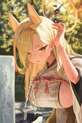  animal_ears bent_over blonde_hair blue_archive blurry blurry_background blush breasts commentary depth_of_field detached_sleeves drinking_fountain extra_ears female fox_ears hair_over_one_eye hairband halo hanging_breasts highres japanese_clothes kaho_(blue_archive) kimono large_breasts long_hair looking_at_viewer m.q_(mqkyrie) mole mole_under_mouth motion_blur orange_halo outdoors short_eyebrows sideboob sideless_kimono sleeveless sleeveless_kimono solo sweat thick_eyebrows tree water wet white_kimono wide_sleeves yellow_hairband yellow_halo 