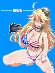  alternate_eye_color american_flag american_flag_bikini american_flag_print bikini blonde_hair blue_background breasts character_name cleavage commentary_request female flag_print full_body headgear iowa_(kancolle) kantai_collection large_breasts print_bikini rebasuto simple_background smile solo squatting star-shaped_pupils star_(symbol) swimsuit symbol-shaped_pupils xf5u yellow_eyes 