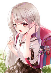  :d backpack bag bag_charm blush breasts character_charm character_doll charm_(object) chloe_von_einzbern collarbone collared_shirt commentary cowboy_shot fate/kaleid_liner_prisma_illya fate_(series) female highres homurahara_academy_school_uniform illyasviel_von_einzbern jewelry long_hair long_sleeves looking_at_viewer md5_mismatch miyu_edelfelt open_mouth plaid plaid_skirt pleated_skirt randoseru red_eyes red_ribbon revision ribbon school_uniform shirt skirt small_breasts smile solo striped tucking_hair white_hair white_shirt yan_(nicknikg) 