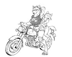  anthro canid canine canis clothed clothing digital_drawing_(artwork) digital_media_(artwork) duo female female/female hotchkiss hotchkisstank mammal monochrome motorcycle tagme vehicle wolf 