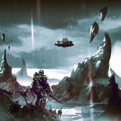  3boys absurdres armor chainsaw cloud cloudy_sky commentary doom_(series) doom_eternal doomguy embers english_commentary floating_rock from_behind full_armor helmet highres holding holding_weapon kalmahul male_focus morty_smith multiple_boys outdoors overcast power_armor praetor_suit rain rick_and_morty rick_sanchez rock science_fiction skull sky standing ufo weapon 