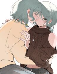  2girls aqua_hair bang_dream! blue_pants blush bow braid brown_sweater closed_mouth clothing_cutout commentary cowboy_shot denim green_eyes hairbow hand_under_clothes highres hikawa_hina hikawa_sayo incest jewelry knit_sweater long_hair midriff_peek multiple_girls navel necklace one_eye_closed pants shirt shoulder_cutout siblings side_braids sidelocks simple_background sweater turtleneck turtleneck_sweater twin_braids twincest twins white_background yellow_bow yellow_shirt yuri zihacheol 