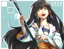  2020 :d aqua_background black_hair border bridal_gauntlets character_name collarbone commentary_request dated detached_sleeves dress female gensou_suikoden gensou_suikoden_ii gloves green_eyes highres holding holding_staff ikunosake jewelry long_hair necklace open_mouth outline smile solo staff twitter_username upper_body very_long_hair viki_(suikoden) white_border white_dress white_gloves white_sleeves 