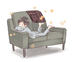  1boy :d barefoot blanket blue_pants blue_shirt brown_hair closed_eyes commentary_request couch crossed_arms feet feet_up highres long_sleeves lying male_focus on_couch on_stomach open_mouth original pajamas pants piko_(pixiv) plaid_blanket shadow shirt short_hair simple_background smile soles solo split_mouth star_(symbol) striped_clothes striped_pants striped_shirt toes vertical_stripes white_background 