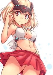  arm_behind_back black_panties blonde_hair breasts closed_mouth commentary_request cowboy_shot crop_top darius_(series) darius_burst female frown headgear highleg highleg_panties kitayama_miuki looking_at_viewer medium_breasts microskirt navel panties pleated_skirt red_eyes red_skirt shirt short_hair simple_background skindentation skirt solo standing ti2 underwear white_background white_shirt 