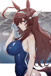  absurdres ahoge animal_ears arm_at_side bare_arms bare_shoulders blue_eyes blue_one-piece_swimsuit breasts brown_hair ceiling closed_mouth competition_school_swimsuit cowboy_shot drying drying_hair expressionless female from_side grey_hairband hair_between_eyes hair_ornament hairband hand_up highres holding holding_towel horse_ears horse_girl horse_tail huge_ahoge indoors jpeg_artifacts kongbai_huanxiang large_breasts letterboxed long_hair looking_at_viewer looking_to_the_side mihono_bourbon_(umamusume) one-piece_swimsuit outside_border photo_background pool poolside profile reflection school_swimsuit shiny_clothes shiny_skin sidelocks sideways_glance single_vertical_stripe solo standing swimsuit tail tail_through_clothes towel umamusume very_long_hair water wavy_hair wet wet_hair window 