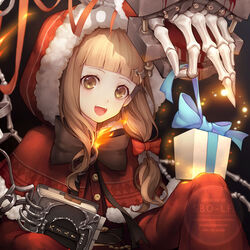  :d artist_name blonde_hair blood bone book bow capelet chains christmas christmas_present commentary female fur_trim gift hair_ornament hair_ribbon highres hood hood_up lf_(paro) looking_at_viewer open_mouth orange_eyes photoshop_(medium) red_riding_hood_(sinoalice) ribbon sinoalice sleeves_past_wrists smile solo teeth torture_instruments upper_teeth_only 