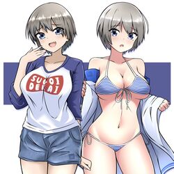  :d bare_shoulders bikini blue_eyes blue_shorts blush breasts cleavage collarbone cowboy_shot denim denim_shorts female freshtango front-tie_bikini_top front-tie_top grey_hair groin halterneck hand_up highres large_breasts looking_at_viewer multiple_views navel no_legwear nose_blush oerba_yun_fang off_shoulder open_clothes open_mouth raglan_sleeves shirt short_hair short_shorts shorts side-tie_bikini_bottom smile standing stomach string_bikini striped_bikini striped_clothes sugoi_dekai swimsuit thighs uzaki-chan_wa_asobitai! uzaki_hana white_shirt wide_sleeves 