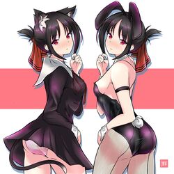  animal_ears arm_strap ass backless_leotard bare_shoulders black_dress black_hair black_leotard blush breasts cat_ears cat_tail collared_dress cowboy_shot detached_collar dress embarrassed fake_animal_ears female fishnet_pantyhose fishnets folded_ponytail freshtango from_behind hairband highres kaguya-sama_wa_kokurasetai_~tensai-tachi_no_renai_zunousen~ kemonomimi_mode leotard long_hair long_sleeves looking_at_viewer looking_back medium_breasts multiple_views nose_blush panties pantyhose pantyshot playboy_bunny rabbit_ears rabbit_tail red_eyes sailor_collar school_uniform shinomiya_kaguya shuuchiin_academy_school_uniform standing strapless strapless_leotard tail thighs underwear white_panties 