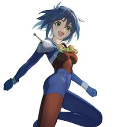  :d absurdres allenby_beardsley blue_bodysuit blue_hair bodysuit bow breasts commentary female g_gundam gloves green_eyes gundam highres looking_at_viewer medium_breasts mobile_trace_suit multicolored_bodysuit multicolored_clothes open_mouth red_bodysuit short_hair skin_tight smile solo tanakalma 