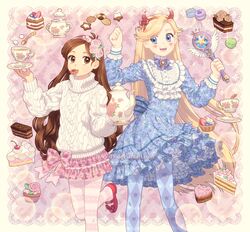  2girls :d animification aran_sweater back_bow blonde_hair blue_dress blue_eyes blue_legwear bow brown_eyes brown_hair cable_knit cake cake_slice checkerboard_cookie cherry chocolate_cake cookie crossover crown_print cup cupcake dav-19 dessert diamond_(shape) dress english_commentary facial_mark fake_horns feet_out_of_frame flat_chest floating floating_object floral_background floral_print flower flower-shaped_chocolate food food_in_mouth frilled_dress frilled_sleeves frills fruit gravity_falls hair_flower hair_ornament hairband hands_up heart heart-shaped_cake heart_cheeks holding holding_saucer horned_headwear horns layered_skirt legs_apart levitation lolita_fashion long_hair long_sleeves looking_at_viewer mabel_pines macaron mary_janes miniskirt mouth_hold multiple_girls open_mouth outside_border pantyhose petticoat pink_background pink_bow pink_flower pink_skirt plaid plaid_skirt plate print_bow print_dress print_skirt red_footwear saucer shoes skirt smile sparkle spoon star_(symbol) star_butterfly star_vs_the_forces_of_evil star_wand striped_clothes striped_pantyhose sugar_cube sweater sweet_lolita sweets tart_(food) tea tea_set teacup teapot turtleneck turtleneck_sweater very_long_hair wand watermark web_address white_sweater winged_wand 