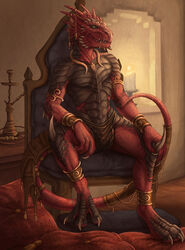  2019 2023 3_toes 5_fingers anthro armor biped chair chin_spikes claws clothed clothing colored detailed_background digital_media_(artwork) divinity:_original_sin_2 divinity_(series) dragon european_mythology facial_spikes feet fingers furniture hi_res horn lizard lizard_(divinity) lizardman looking_at_viewer male membrane_(anatomy) membranous_wings mythological_creature mythological_scalie mythology pillow red_body red_scales reptile rukis scales scalie sitting solo spikes spikes_(anatomy) spines tail teeth the_red_prince toe_claws toes topless underwear western_dragon wings 