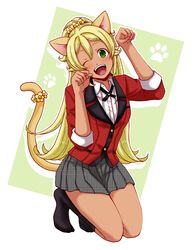  absurdres animal_ears black_socks blazer blonde_hair blush cat_ears cat_tail collared_shirt female green_eyes gyaru highres hyakkaou_academy_school_uniform jacket kakegurui kneeling one_eye_closed open_mouth paw_pose paw_print red_jacket sasaya school_uniform shirt socks solo tail teeth totobami_yumi upper_teeth_only white_shirt 