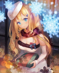  aizawa_hikaru blonde_hair blue_eyes blurry blurry_foreground blush bokeh breasts christmas cleavage commentary_request cowboy_shot depth_of_field dress female frilled_dress frills fur-trimmed_dress fur_hat fur_trim gift hair_ornament hairclip hat holding holding_gift long_hair medium_breasts outdoors plaid plaid_scarf red_scarf scarf shinia silverlight smile snowflakes solo ushanka white_dress white_hat window 