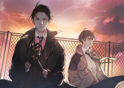  2boys black_coat black_gloves black_hair black_neckwear black_vest brown_hair brown_jacket coat fence fugou_keiji_balance:unlimited gloves green_neckwear grey_eyes hair_between_eyes hands_in_pockets jacket kanbe_daisuke katou_haru male_focus multiple_boys necktie outdoors pink_shirt pocket sayuuhiro shirt sunset vest white_shirt wind 