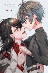  2boys belt black_hair black_shirt blue_hair earrings eyewear_strap glasses grey_hair highres ike_eveland jacket jewelry kokuchuutei long_sleeves male_focus medium_hair multicolored_hair multiple_boys nijisanji nijisanji_en open_mouth pants red_hair red_shirt shirt single_earring single_eye turtleneck virtual_youtuber vox_akuma white_jacket white_pants yaoi yellow_eyes 