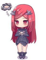  airplane_hair_ornament bad_id bad_pixiv_id black_dress breast_envy breasts chibi cleavage cleavage_cutout clothing_cutout commentary dress female highres hshow imagining korean_commentary last_origin long_hair night_angel_(last_origin) red_eyes red_hair simple_background solo swept_bangs white_background 