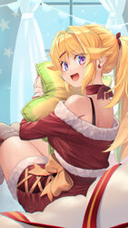  artist_name black_ribbon blonde_hair bow christmas commentary curtains earrings english_commentary female from_behind fur-trimmed_jacket fur-trimmed_shirt fur_trim grey_thighhighs hair_ornament hair_ribbon hairclip high-waist_skirt highres holding holding_pillow jacket jewelry looking_at_viewer looking_back miniskirt mitake_eil neck_ribbon off-shoulder_jacket off_shoulder open_mouth original pillow ponytail purple_eyes red_jacket red_ribbon red_skirt ribbon shirt shirt_straps signature sitting skirt smile solo star-shaped_pillow star_(symbol) thighhighs yellow_bow 