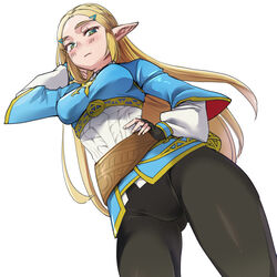  ass_visible_through_thighs belt black_pants blonde_hair blue_tunic breasts closed_mouth covered_navel covered_nipples dress female fingerless_gloves from_below gloves green_eyes hair_ornament long_hair looking_at_viewer looking_down medium_breasts monbetsu_kuniharu pants pointy_ears princess_zelda simple_background solo standing the_legend_of_zelda the_legend_of_zelda:_breath_of_the_wild thick_eyebrows thighs tight_clothes tight_pants upskirt white_background 