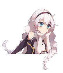  :3 blue_eyes braid closed_mouth elbow_gloves female gloves hair_ornament headband highres honkai_(series) honkai_impact_3rd idass_(idass16) kiana_kaslana kiana_kaslana_(divine_prayer) long_hair looking_at_viewer nun simple_background smile solo twin_braids white_background white_gloves white_hair 