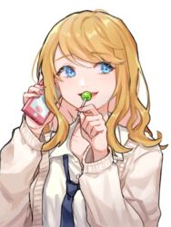  black_necktie blonde_hair blue_eyes candy cardigan cellphone collarbone collared_shirt commentary_request dress_shirt female food hair_between_eyes holding holding_food holding_phone lollipop long_hair looking_away looking_to_the_side necktie open_cardigan open_clothes original parted_lips phone saino_misaki school_uniform shirt simple_background solo upper_body white_background white_cardigan white_shirt 