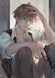  1boy brown_eyes brown_hair fugou_keiji_balance:unlimited gun hand_on_own_head highres holding holding_gun holding_weapon holster katou_haru knees_up male_focus pants sayuuhiro shoulder_holster sitting solo weapon 