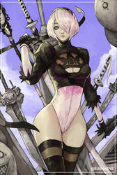  2b_(nier:automata) absurdres artist_name black_blindfold black_gloves black_hairband black_legwear blindfold blue_eyes blue_sky breasts cleavage cleavage_cutout clothing_cutout cloud cloudy_sky collarbone covered_navel emil_(nier) female fur_trim gloves hair_over_one_eye hairband highres leotard mole mole_under_mouth multiple_swords multiple_weapons nier:automata nier_(series) outdoors parted_lips polearm puffy_sleeves red_lips short_hair signature sky smile spear subakeye twitter_username weapon white_hair white_leotard wide_hips 