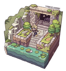  1boy blonde_hair blue_eyes blush boots bug chibi english_text ezreal fingerless_gloves gloves goggles goggles_around_neck grass isometric jacket knee_pads league_of_legends lily_pad male_focus moss open_mouth outdoors pants plant river rock running sanatorium_industries short_hair sleeves_rolled_up smile solo spider stairs tree 