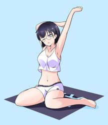  armpits arms_up bare_arms bare_legs bare_shoulders barefoot black_hair blue_background breasts camisole collarbone crop_top crop_top_overhang female freshtango glasses highres looking_at_viewer medium_breasts midriff navel original purple_eyes round_eyewear shirt short_hair short_shorts shorts simple_background sitting sleeveless sleeveless_shirt solo stomach stretching wariza white_shirt white_shorts 