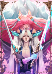  1boy ahri_(league_of_legends) animal_ear_fluff animal_ears artist_name bare_pectorals bare_shoulders bell border braid closed_eyes closed_mouth collarbone dual_persona facial_mark female fox_ears fox_tail hair_bell hair_between_eyes hair_ornament highres holding holding_sword holding_weapon horns kyonniee league_of_legends long_hair long_sleeves multiple_tails off_shoulder parted_lips pectorals petals pink_hair signature smile spirit_blossom_(league_of_legends) spirit_blossom_ahri spirit_blossom_yone sword tail weapon whisker_markings white_hair wide_sleeves yone_(league_of_legends) 