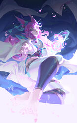  absurdres ahri_(league_of_legends) animal_ears atomicxx barefoot bell bubble energy energy_ball fangs fox_ears glowing hair_bell hair_between_eyes hair_ornament highres japanese_clothes league_of_legends long_hair long_sleeves parted_lips petals pink_hair pink_lips pink_nails pointing spirit_blossom_(league_of_legends) spirit_blossom_ahri thighhighs toenails wide_sleeves 