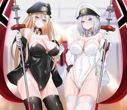  2girls absurdres azur_lane bismarck_(azur_lane) black_jacket black_leotard black_thighhighs blonde_hair blue_eyes blush breasts cleavage flag gloves groin hair_between_eyes hat highres imperial_war_flag jacket jewelry keishi_surota large_breasts leotard long_hair looking_at_viewer multiple_girls off_shoulder open_clothes open_jacket peaked_cap shiny_clothes shiny_skin short_hair skindentation thighhighs thighs tirpitz_(azur_lane) white_hair white_jacket white_leotard white_thighhighs 