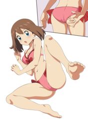  adjusting_clothes adjusting_panties ass barefoot bikini blue_eyes bow bow_bikini breasts brown_hair cleavage feet female highres legs looking_at_viewer may_(pokemon) medium_hair open_mouth panties pink_bikini pokemon pokemon_(anime) pokemon_ranger_and_the_temple_of_the_sea pokemon_rse_(anime) red_bow simple_background small_breasts soles solo spread_legs stomach suitenan swimsuit toe_scrunch toenails toes underwear white_background 