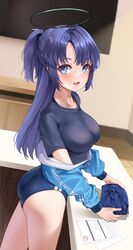  :d ass black_shirt blue_archive blue_buruma blue_eyes blue_jacket blush breasts buruma counter female gym_uniform halo highres holding_bento indoors jacket matrix16 md5_mismatch medium_breasts official_alternate_costume open_mouth paper purple_hair shirt smile solo t-shirt track_jacket wrapped_bento yuuka_(blue_archive) yuuka_(track)_(blue_archive) 