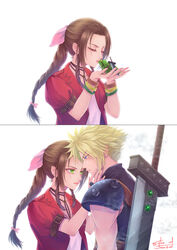  1boy aerith_gainsborough animal aqua_eyes armor artist_name bangle belt blonde_hair bracelet braid braided_ponytail brown_belt brown_hair buster_sword choker closed_eyes cloud_strife dated dress earrings female final_fantasy final_fantasy_vii final_fantasy_vii_remake flower_choker frog green_eyes hair_ribbon hand_on_another&#039;s_cheek hand_on_another&#039;s_face highres in_palm jacket jewelry kissing kissing_animal long_hair looking_at_another materia parted_bangs parted_lips pink_dress pink_ribbon red_jacket ribbon short_hair short_sleeves shoulder_armor sidelocks signature single_earring sleeveless sleeveless_turtleneck spiked_hair straight suspenders sylvia_m transformation turtleneck upper_body weapon weapon_on_back white_background 