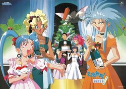  1990s_(style) 1boy 6+girls :d ;d ad aqua_dress aqua_hair bare_shoulders black_hair blonde_hair blue_eyes bottle cabbit carrot choker christmas christmas_tree collarbone curtains dark-skinned_female dark_skin dress earrings formal freckles green_hair hakubi_washuu high_ponytail holding holding_bottle indoors jewelry kajishima_masaki kuramitsu_mihoshi logo long_dress long_hair makibi_kiyone masaki_aeka_jurai masaki_sasami_jurai masaki_tenchi multiple_girls necklace non-web_source official_art one_eye_closed open_mouth orange_dress outstretched_arm pink_dress pink_eyes pink_hair pointy_ears purple_hair red_eyes retro_artstyle ryou-ouki ryouko_(tenchi_muyou!) short_hair sitting smile teeth tenchi_muyou! tenchi_muyou!_uchuu_hen twintails updo upper_teeth_only very_long_hair white_dress yellow_eyes 