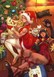  2girls akuma_(street_fighter) animal animal_ear_headwear animal_ears animal_hands animal_hood ayaki_blade balrog_(street_fighter) biceps blanka-chan blonde_hair blue_eyes cammy_white cat_hood christmas christmas_ornaments christmas_tree chun-li commentary dark-skinned_female dark_skin fake_animal_ears feet feline fireplace full_body gill_(street_fighter) gloves green_eyes guile hadouken hat hibiki_dan highres holding holding_animal holding_cat hood hood_up ibuki_(street_fighter) jpeg_artifacts juri_han kemonomimi_mode lying menat multiple_cats multiple_girls muscular muscular_female official_alternate_costume on_back paw_gloves purple_hair sandals santa_hat seth_(street_fighter) sitting sleeveless stirrup_legwear street_fighter street_fighter_v thighs toeless_legwear toes vega_(street_fighter) wariza 