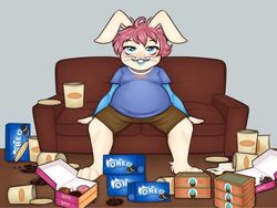  anthro bangs beverage bloated bottomwear cargo_shorts clothing cookie cupcake dessert doughnut floppy_ears food hare joshie_(calahootheyeen) lagomorph layered_clothing leporid male mammal milkshake oreo_cookie overweight overweight_male pastry rabbit shorts slightly_chubby solo stained_clothing vicky_art whiskers 