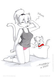  anthro bed bedroom cleo_(tirashanks) clothing conny_valentine domestic_cat felid feline felis female feral footwear furniture group happy mammal open_mouth panties panty_shot socks tirashanks_(artist) tired underwear waking_up yawn 