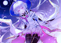  ahoge arms_behind_back blue_sky bodysuit breasts dutch_angle fate/grand_order fate/grand_order_arcade fate/prototype fate_(series) female fingerless_gloves full_moon gloves hood leaning_forward long_hair looking_at_viewer mage_staff medium_breasts merlin_(fate/prototype) merlin_(fate/prototype)_(third_ascension) moon pantyhose red_eyes sky smile solo thighs very_long_hair white_hair xuehua 